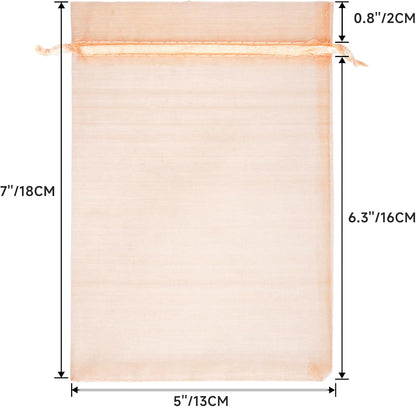 G2PLUS 25PCS Peach Organza Bags 5x7 inches - Sheer Mesh Jewelry Pouches, Organza Gift Bags with Drawstring for Candy, Jewelry, Wedding Party Favors