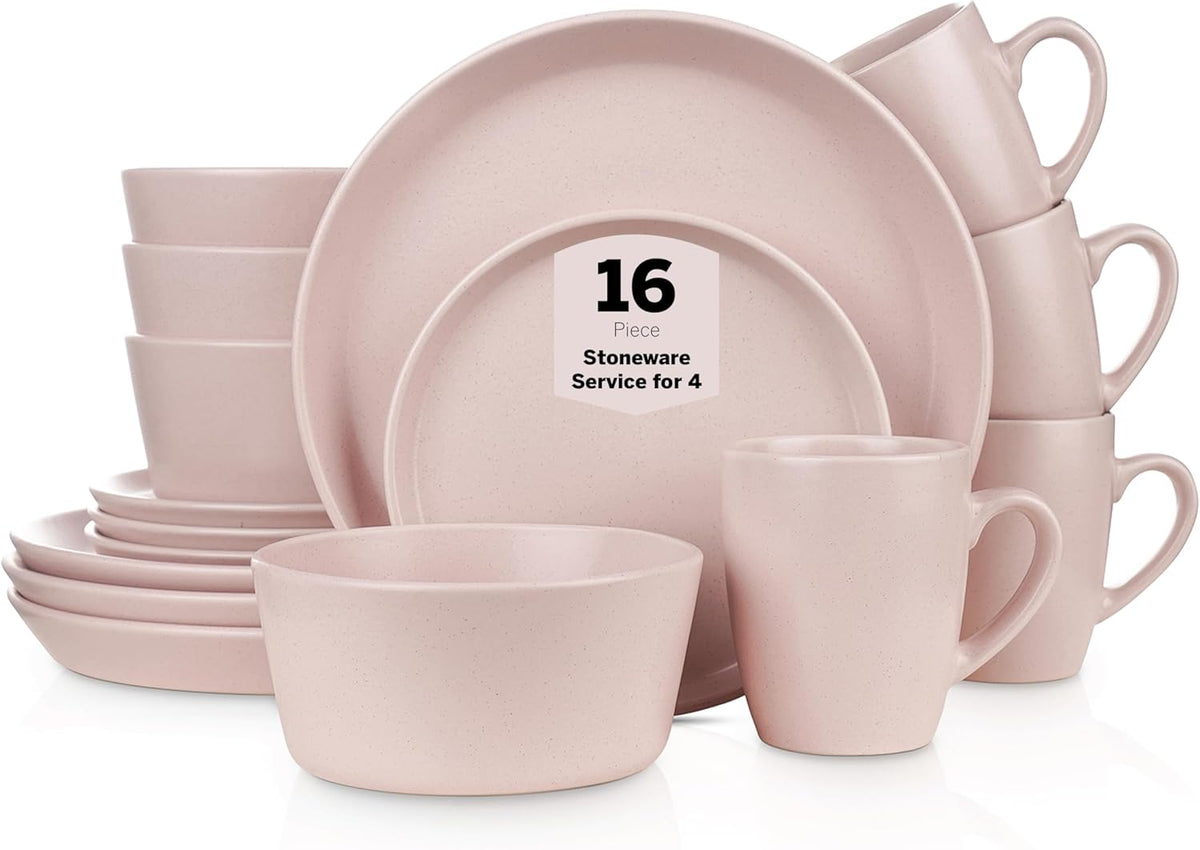 Albie Stoneware 16-Piece Modern Dinnerware Set, Kitchen Plates and Bowls Sets, Service for 4, Pink, Microwave & Dishwasher Safe