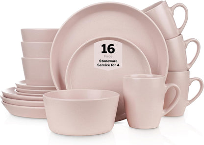 Albie Stoneware 16-Piece Modern Dinnerware Set, Kitchen Plates and Bowls Sets, Service for 4, Pink, Microwave & Dishwasher Safe