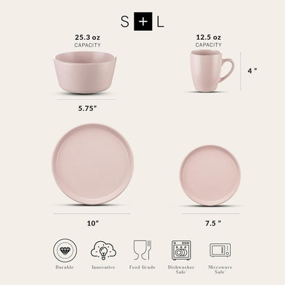 Albie Stoneware 16-Piece Modern Dinnerware Set, Kitchen Plates and Bowls Sets, Service for 4, Pink, Microwave & Dishwasher Safe