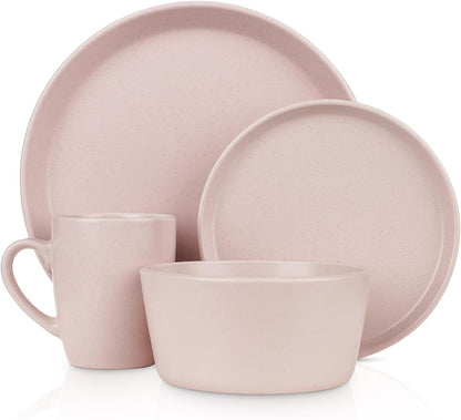 Albie Stoneware 16-Piece Modern Dinnerware Set, Kitchen Plates and Bowls Sets, Service for 4, Pink, Microwave & Dishwasher Safe