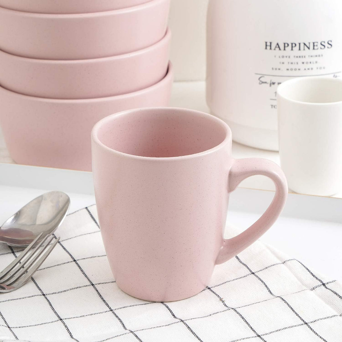 Albie Stoneware 16-Piece Modern Dinnerware Set, Kitchen Plates and Bowls Sets, Service for 4, Pink, Microwave & Dishwasher Safe