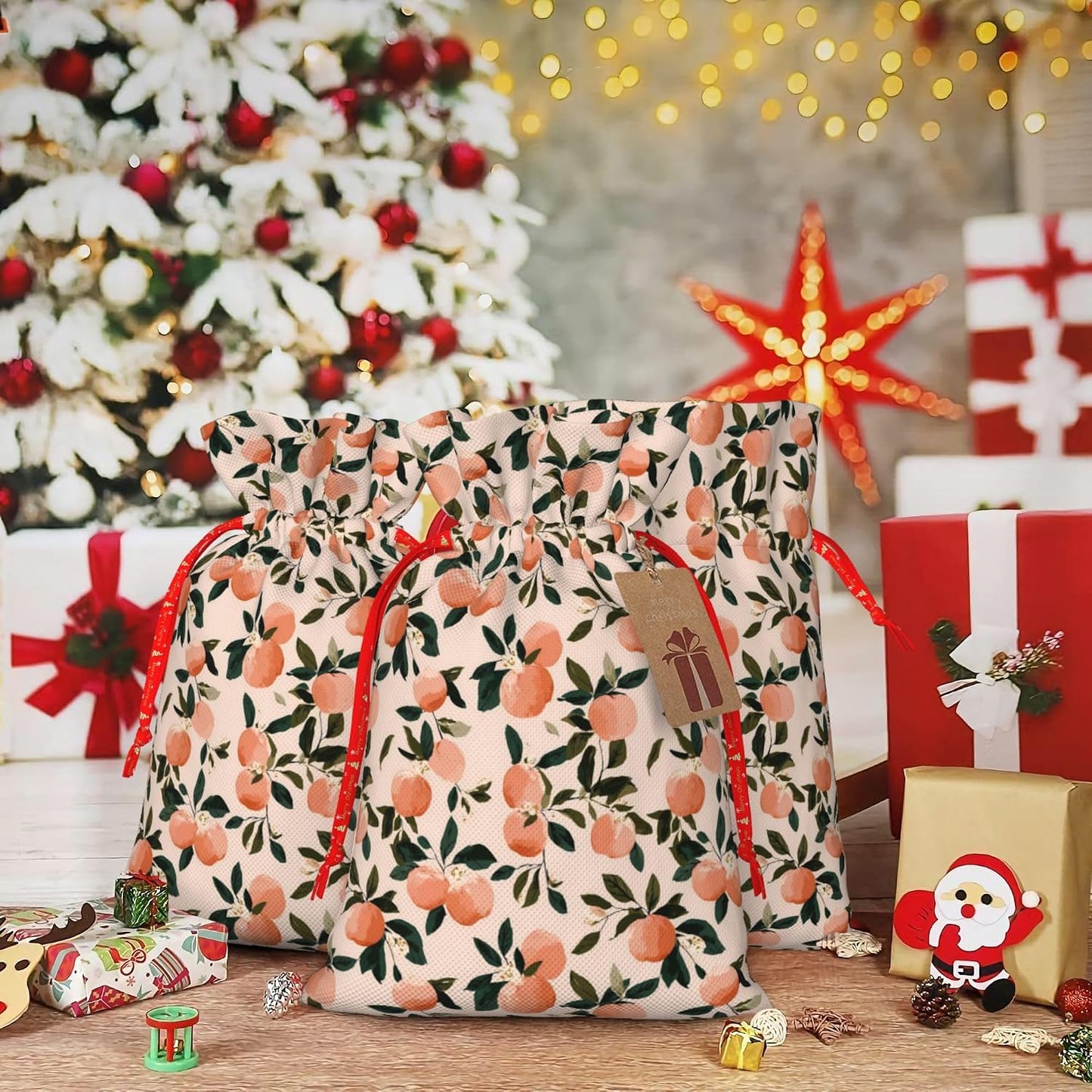 Qewfoju Fruits Peach 2 Pattern Holiday Gift Bags Christmas Burlap Gift Bags Drawstring for Wedding Party Favors Xmas Gifts Couple Shower Medium