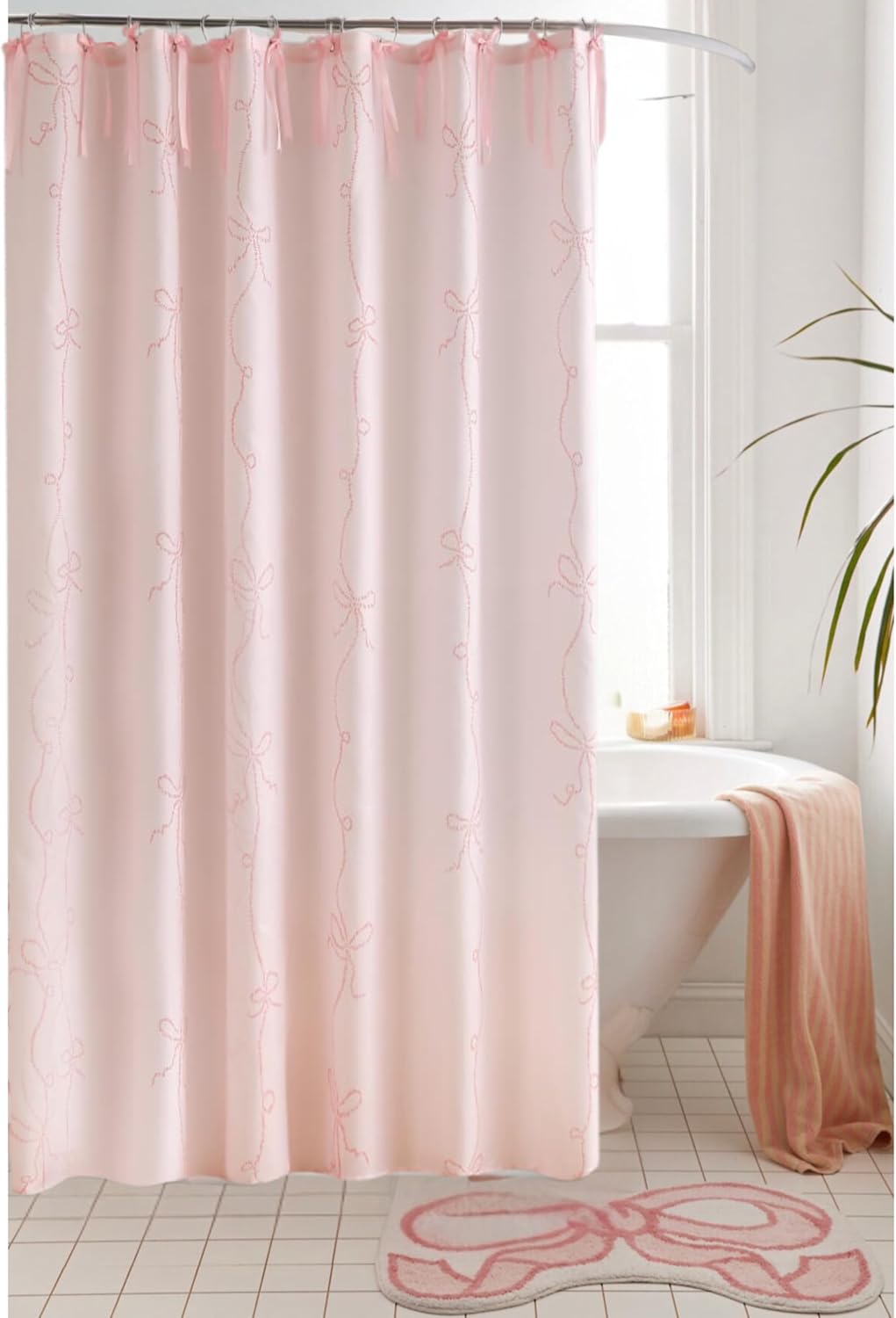 Bow Shower Curtain, Coquette Handcrafted Bow Tie Bath Curtain for Master Bathroom, Ruched Microfiber Bathroom Curtain with 12 Buttonholes, 72" W x 72" H (Elegant Pink)