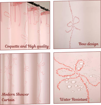 Bow Shower Curtain, Coquette Handcrafted Bow Tie Bath Curtain for Master Bathroom, Ruched Microfiber Bathroom Curtain with 12 Buttonholes, 72" W x 72" H (Elegant Pink)