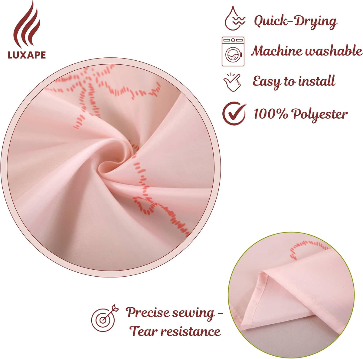 Bow Shower Curtain, Coquette Handcrafted Bow Tie Bath Curtain for Master Bathroom, Ruched Microfiber Bathroom Curtain with 12 Buttonholes, 72" W x 72" H (Elegant Pink)