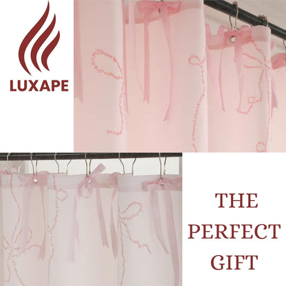 Bow Shower Curtain, Coquette Handcrafted Bow Tie Bath Curtain for Master Bathroom, Ruched Microfiber Bathroom Curtain with 12 Buttonholes, 72" W x 72" H (Elegant Pink)