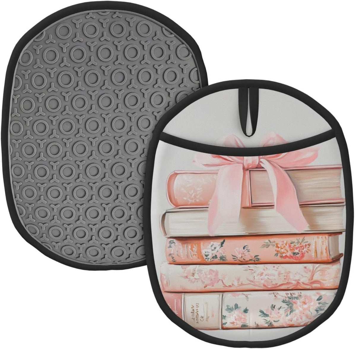 Books with Light Pink Bow Silicone Pot Holders,2pcs, Heat Resistant Oven Mitts Large Potholders for Kitchen Cooking Baking Hot Pads