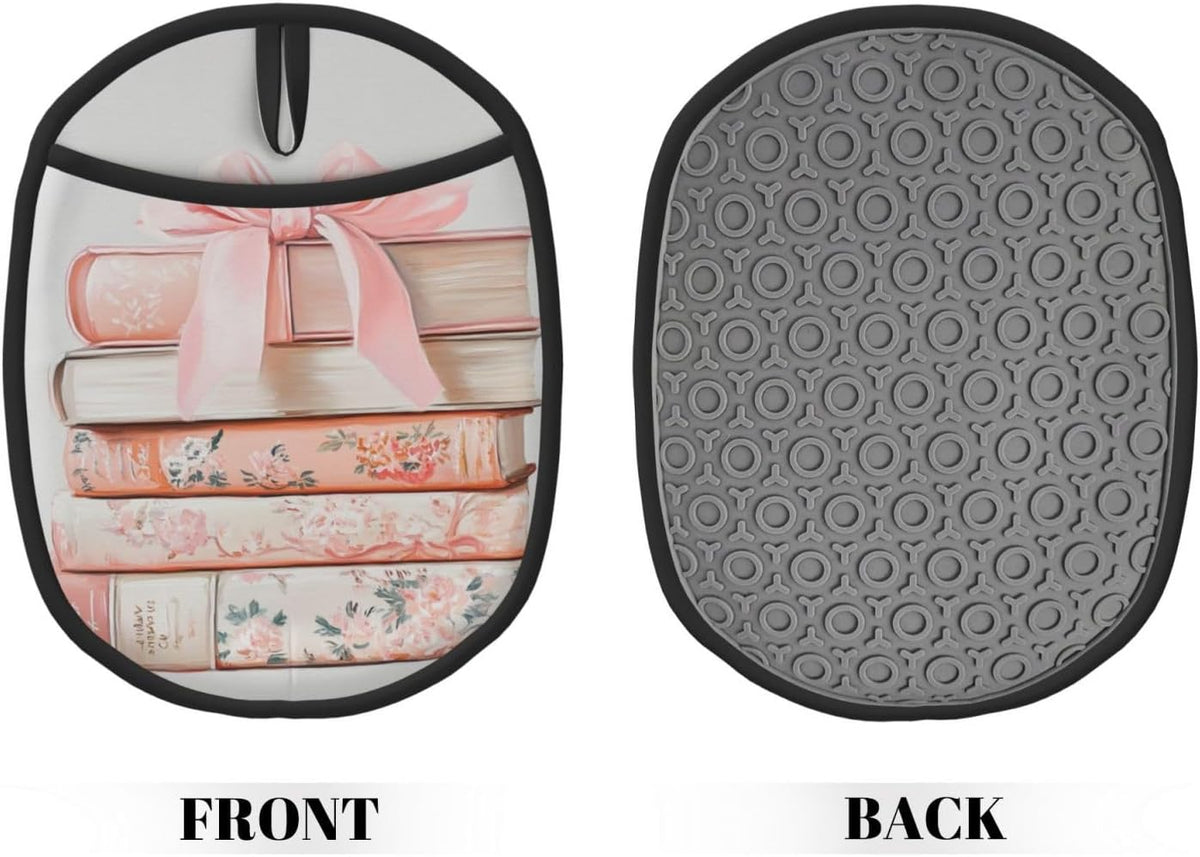 Books with Light Pink Bow Silicone Pot Holders,2pcs, Heat Resistant Oven Mitts Large Potholders for Kitchen Cooking Baking Hot Pads