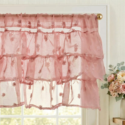 Ruffled Kitchen Valance Pom-Pom Voile Valance Curtains Sheer Shabby Chic Small Window Treatment for Living Room Bedroom Laundry Rod Pocket 1 Panel 18 Inch Pink