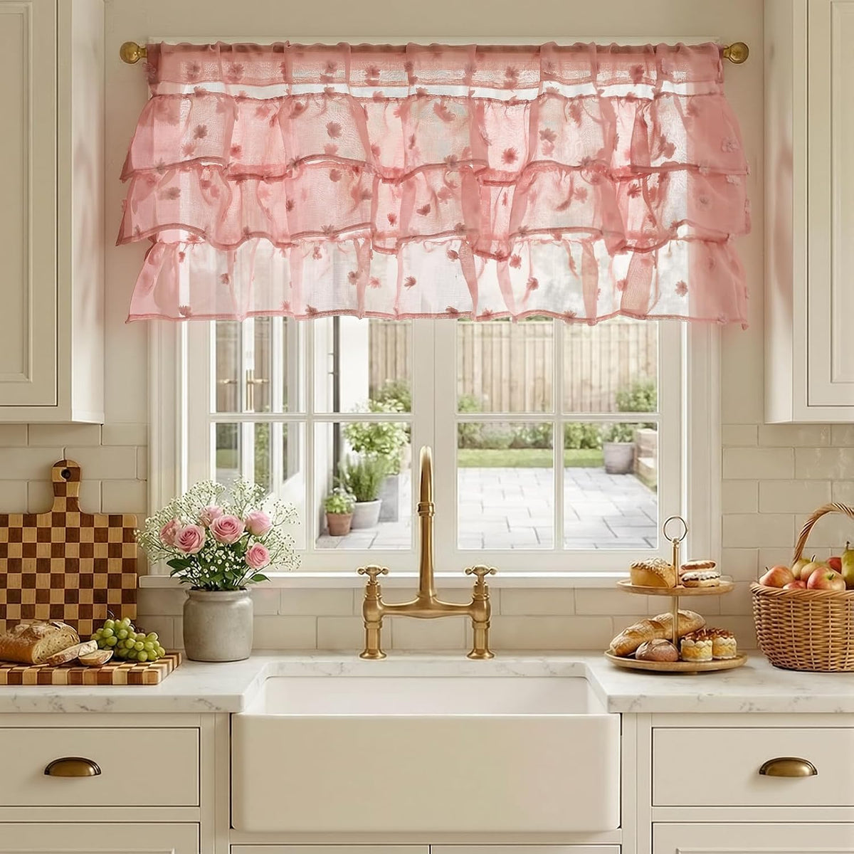 Ruffled Kitchen Valance Pom-Pom Voile Valance Curtains Sheer Shabby Chic Small Window Treatment for Living Room Bedroom Laundry Rod Pocket 1 Panel 18 Inch Pink