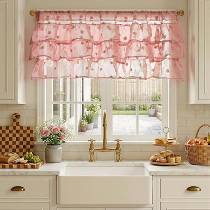 Ruffled Kitchen Valance Pom-Pom Voile Valance Curtains Sheer Shabby Chic Small Window Treatment for Living Room Bedroom Laundry Rod Pocket 1 Panel 18 Inch Pink