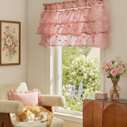 Ruffled Kitchen Valance Pom-Pom Voile Valance Curtains Sheer Shabby Chic Small Window Treatment for Living Room Bedroom Laundry Rod Pocket 1 Panel 18 Inch Pink