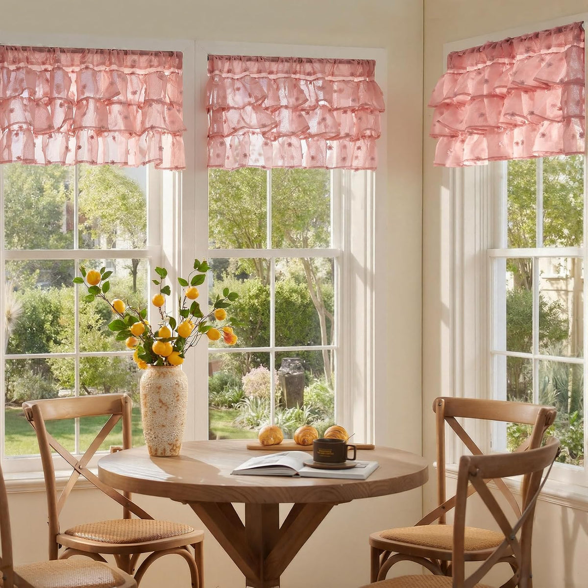 Ruffled Kitchen Valance Pom-Pom Voile Valance Curtains Sheer Shabby Chic Small Window Treatment for Living Room Bedroom Laundry Rod Pocket 1 Panel 18 Inch Pink
