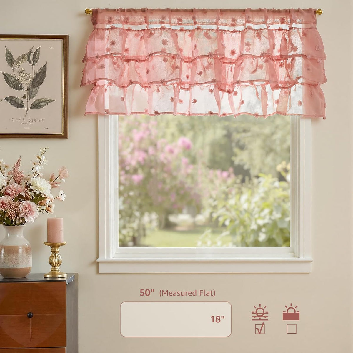Ruffled Kitchen Valance Pom-Pom Voile Valance Curtains Sheer Shabby Chic Small Window Treatment for Living Room Bedroom Laundry Rod Pocket 1 Panel 18 Inch Pink