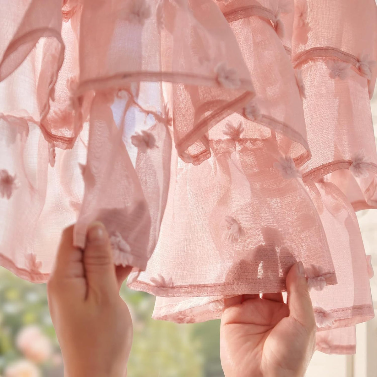 Ruffled Kitchen Valance Pom-Pom Voile Valance Curtains Sheer Shabby Chic Small Window Treatment for Living Room Bedroom Laundry Rod Pocket 1 Panel 18 Inch Pink