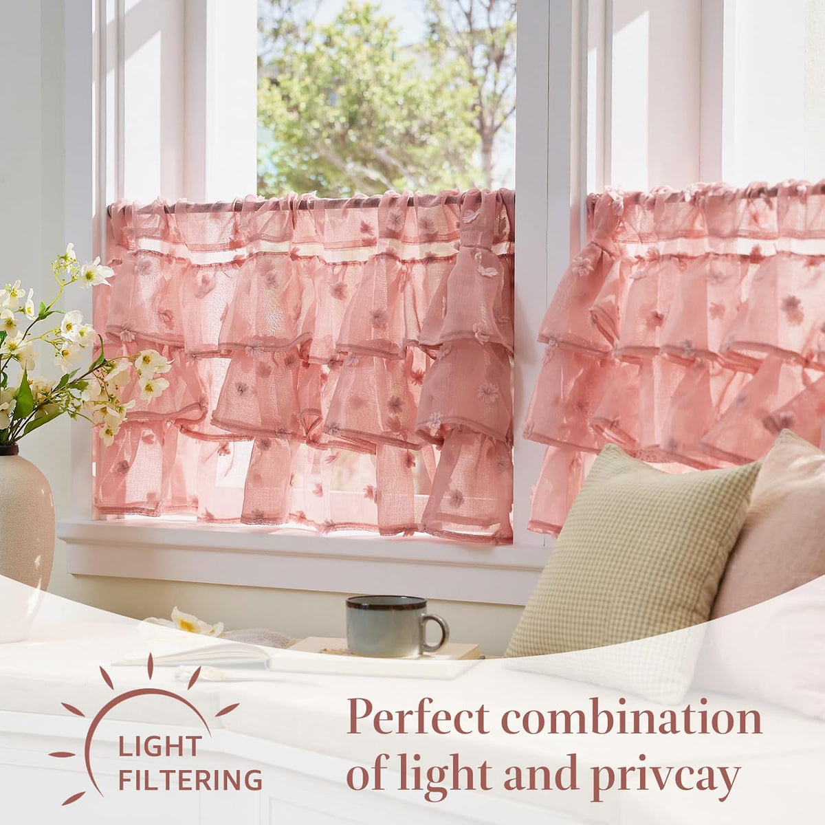 Ruffled Kitchen Valance Pom-Pom Voile Valance Curtains Sheer Shabby Chic Small Window Treatment for Living Room Bedroom Laundry Rod Pocket 1 Panel 18 Inch Pink