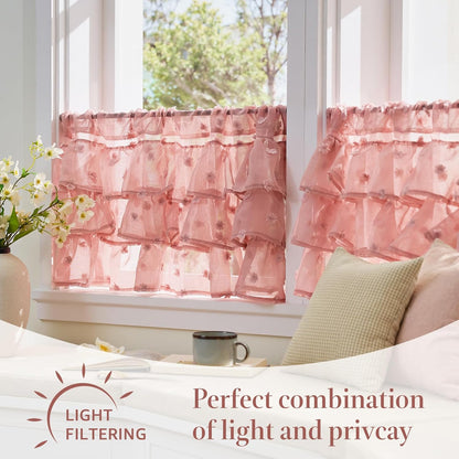 Ruffled Kitchen Valance Pom-Pom Voile Valance Curtains Sheer Shabby Chic Small Window Treatment for Living Room Bedroom Laundry Rod Pocket 1 Panel 18 Inch Pink