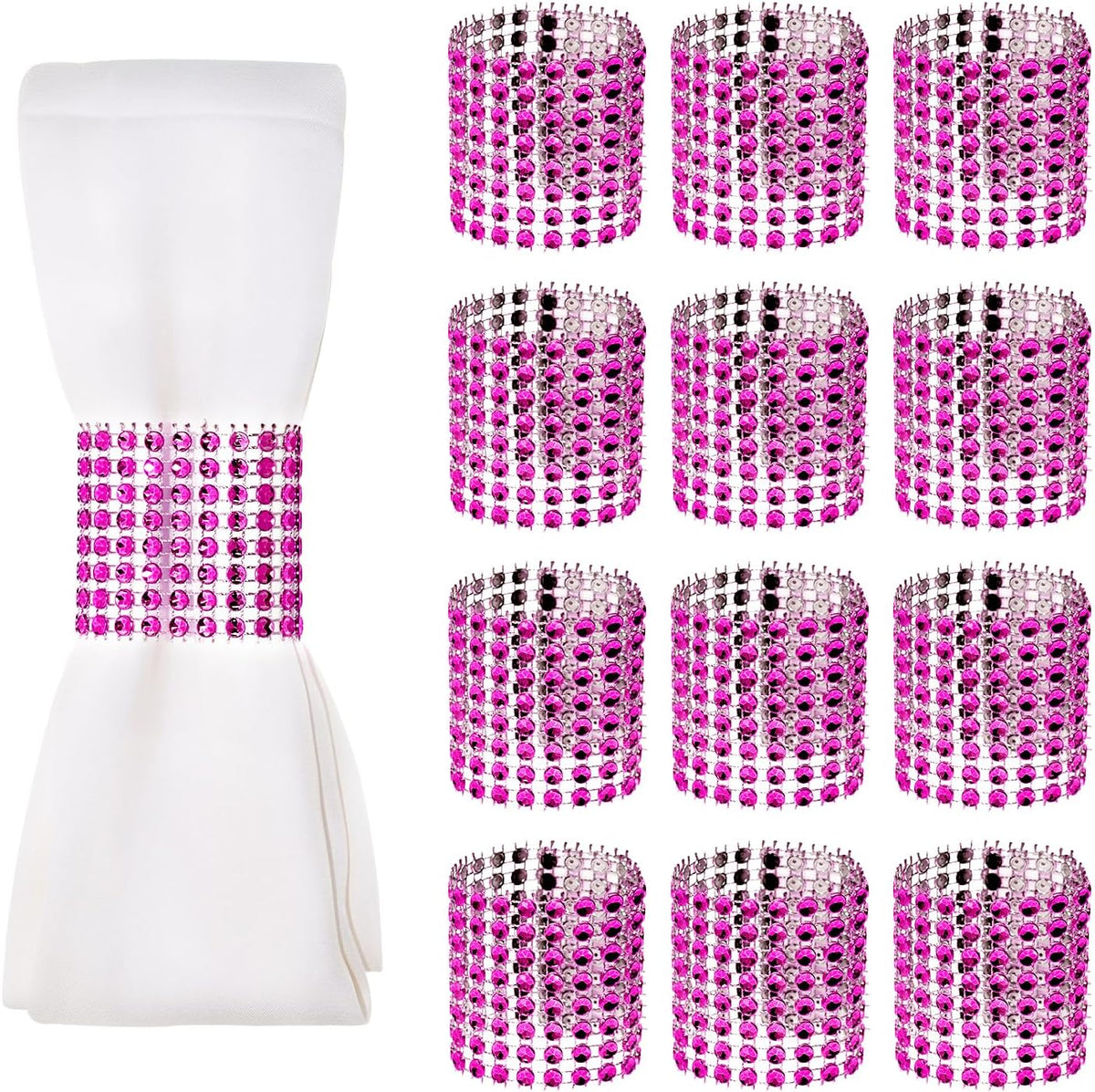Napkin Rings Bulk 50pcs Adjustable Self Adhesive Tapes Rhinestone Napkin Holders for Rolling Tableware Wedding Christmas Graduation Party Table Decoration (Rose Pink, 4×13cm)