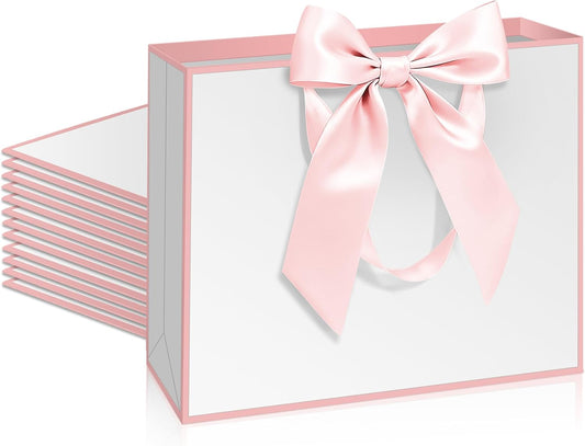 12 Pack Gift Bags with Handle 12.5x10x4.3 inch Thank You Favor Welcome Bags Return Gifts for Wedding Mothers Graduation Baby Shower Birthday Thanksgiving(white and pink)