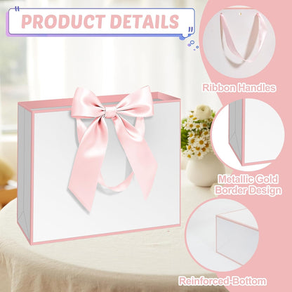 12 Pack Gift Bags with Handle 12.5x10x4.3 inch Thank You Favor Welcome Bags Return Gifts for Wedding Mothers Graduation Baby Shower Birthday Thanksgiving(white and pink)