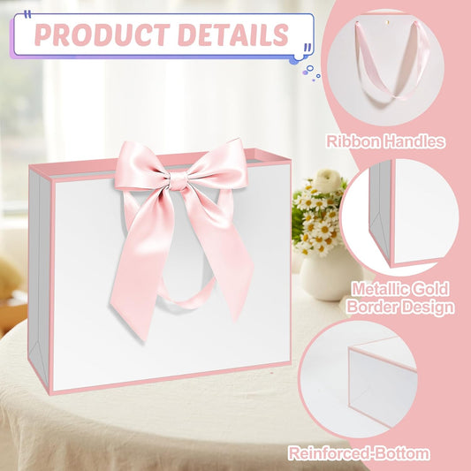 12 Pack Gift Bags with Handle 12.5x10x4.3 inch Thank You Favor Welcome Bags Return Gifts for Wedding Mothers Graduation Baby Shower Birthday Thanksgiving(white and pink)