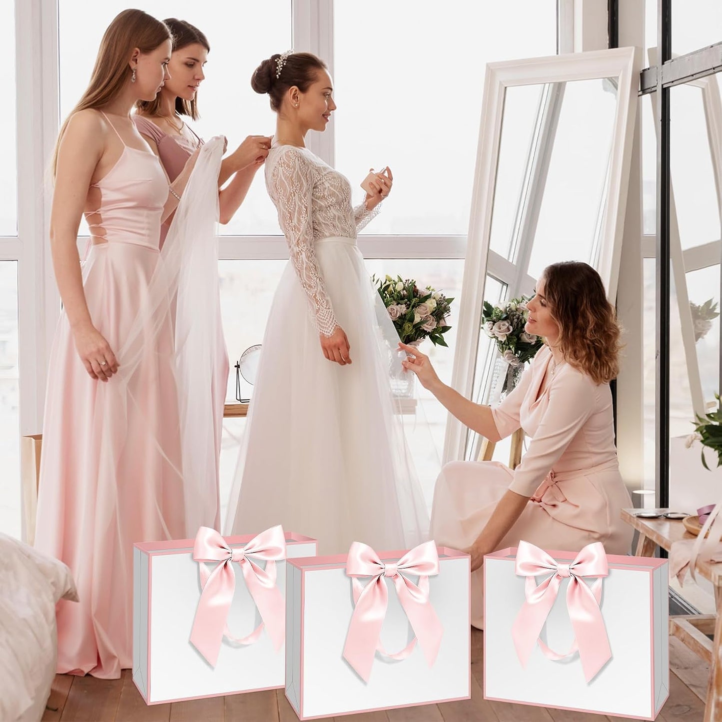 12 Pack Gift Bags with Handle 12.5x10x4.3 inch Thank You Favor Welcome Bags Return Gifts for Wedding Mothers Graduation Baby Shower Birthday Thanksgiving(white and pink)