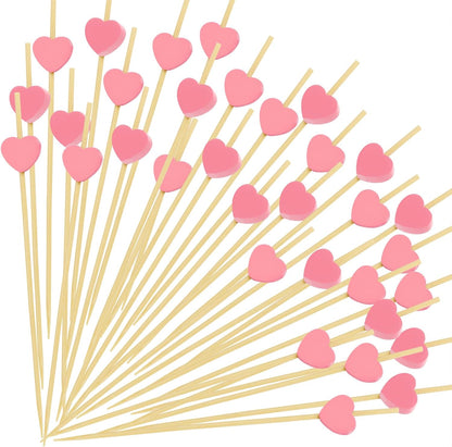 Pink Heart Cocktail Picks, Fancy Toothpicks for Appetizers, 4.7 IN Bamboo Fruit Skewers, Wooden Charcuterie Sticks for Food Drinks Valentines Galentines Mothers Day Party Decorations Wedding Decor