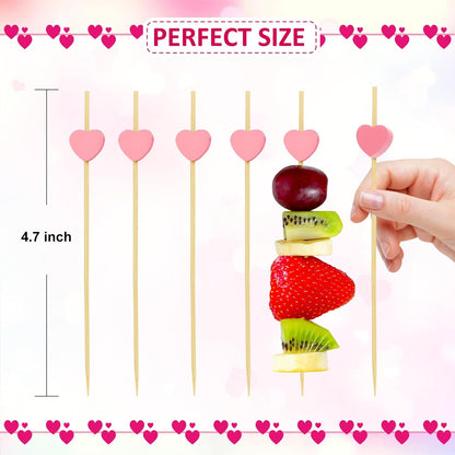 Pink Heart Cocktail Picks, Fancy Toothpicks for Appetizers, 4.7 IN Bamboo Fruit Skewers, Wooden Charcuterie Sticks for Food Drinks Valentines Galentines Mothers Day Party Decorations Wedding Decor