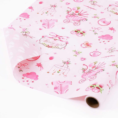 Baby Girl Wrapping Paper Roll - 9.8 ft Baby Shower Wrap Paper
