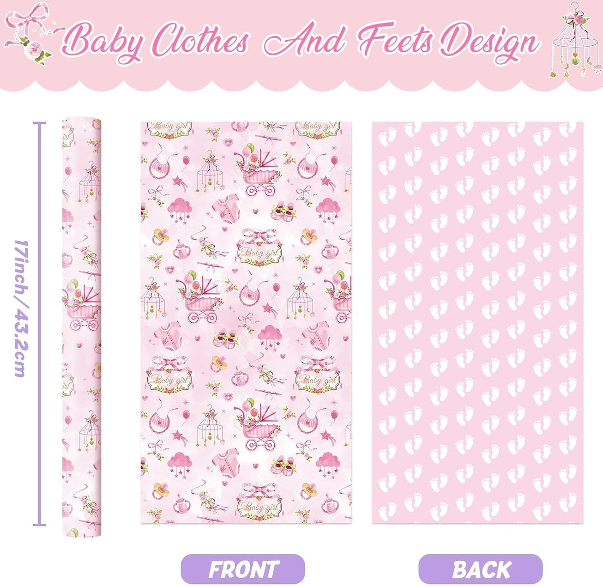 Baby Girl Wrapping Paper Roll - 9.8 ft Baby Shower Wrap Paper