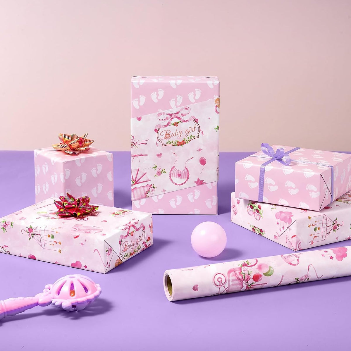 Baby Girl Wrapping Paper Roll - 9.8 ft Baby Shower Wrap Paper