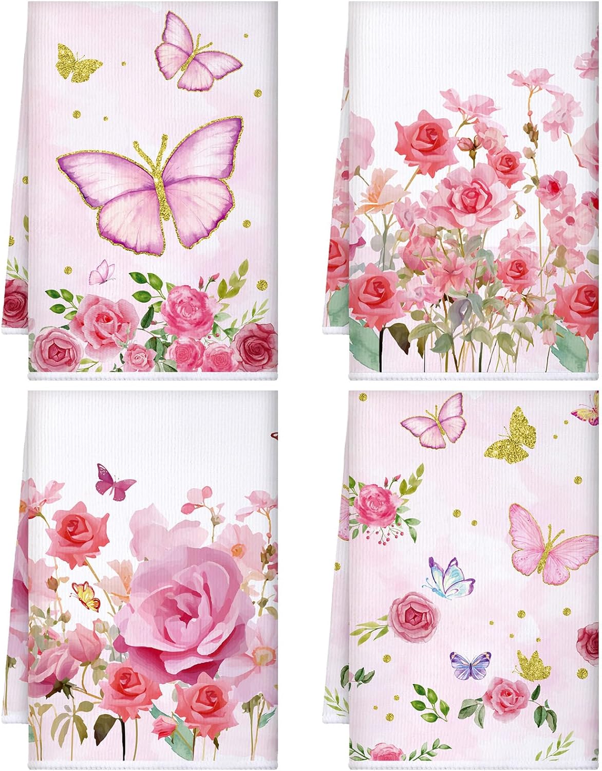 4 Pcs Pink Rose Kitchen Towels Butterfly Floral 16" x 24"