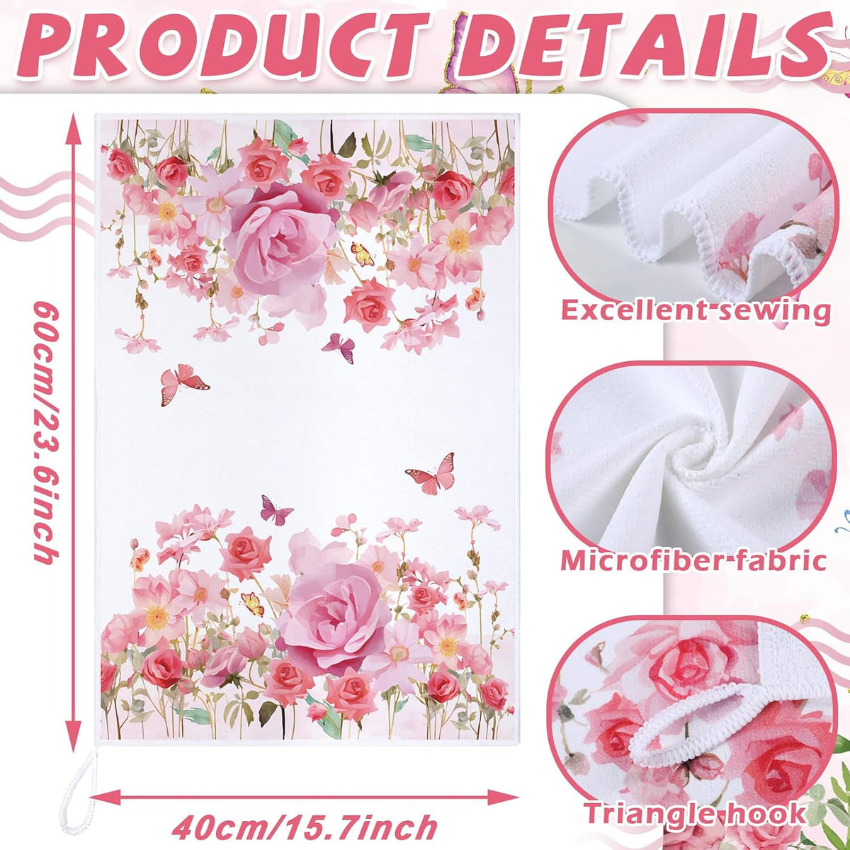 4 Pcs Pink Rose Kitchen Towels Butterfly Floral 16" x 24"