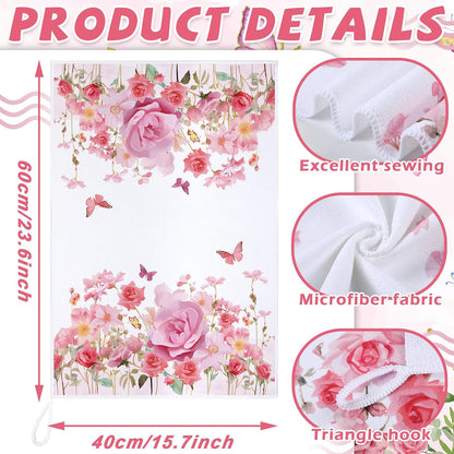 4 Pcs Pink Rose Kitchen Towels Butterfly Floral 16" x 24"