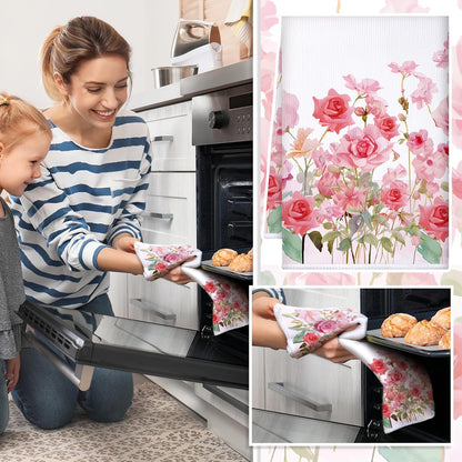 4 Pcs Pink Rose Kitchen Towels Butterfly Floral 16" x 24"