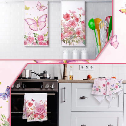 4 Pcs Pink Rose Kitchen Towels Butterfly Floral 16" x 24"