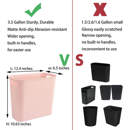 Small Trash Can, 3.5 Gallon Garbage Can Slim Waste Basket Plastic Trash Bin Container with Handles for Bathroom, Bedroom, Office, Home, Dorm Room, Kitchen, Rectangular, Rosette Pink