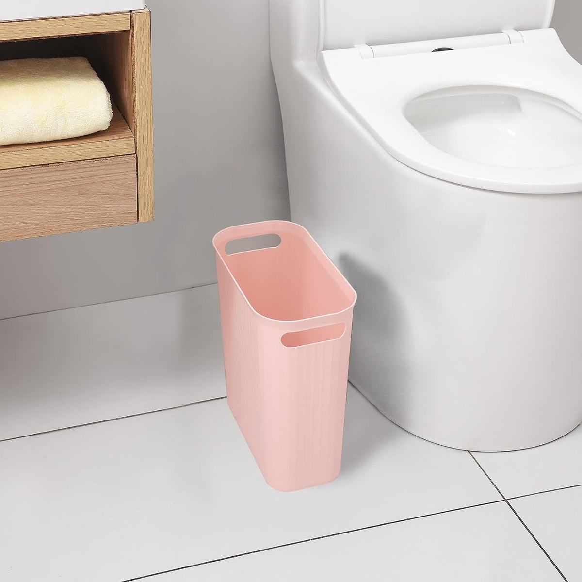Small Trash Can, 3.5 Gallon Garbage Can Slim Waste Basket Plastic Trash Bin Container with Handles for Bathroom, Bedroom, Office, Home, Dorm Room, Kitchen, Rectangular, Rosette Pink