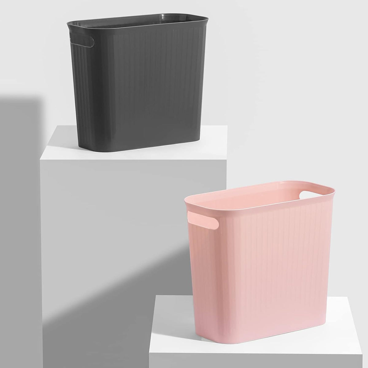 Small Trash Can, 3.5 Gallon Garbage Can Slim Waste Basket Plastic Trash Bin Container with Handles for Bathroom, Bedroom, Office, Home, Dorm Room, Kitchen, Rectangular, Rosette Pink
