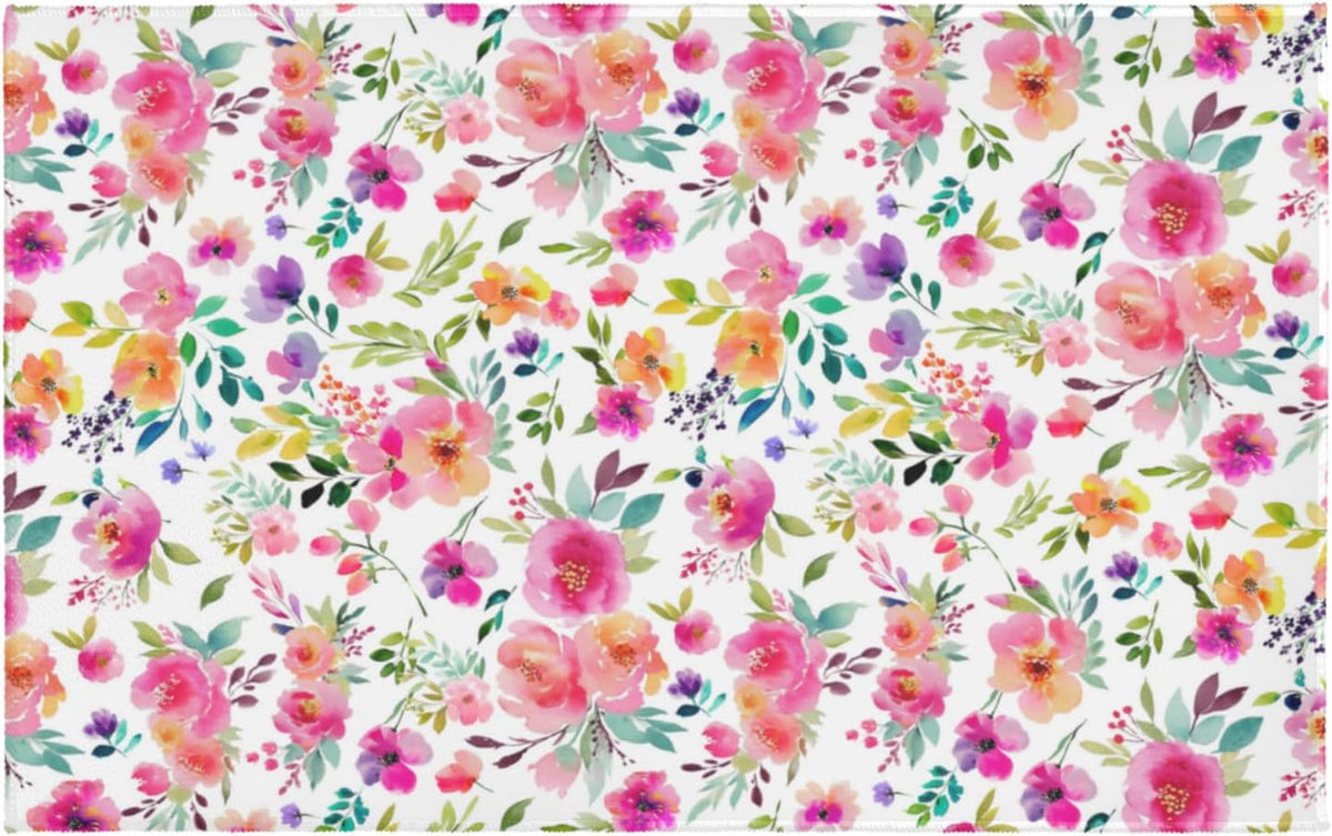 Pink Floral Bathroom Rug Spring Watercolor Boho Non Slip Low Pile Bath Mats Machine Washable Farmhouse Flower Bath Rugs for Bathroom Shower Tub Sink Laundry Room 20x32 Inch