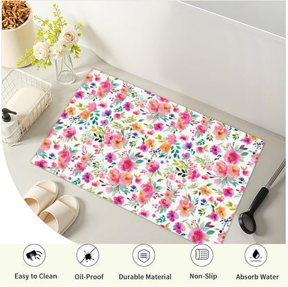 Pink Floral Bathroom Rug Spring Watercolor Boho Non Slip Low Pile Bath Mats Machine Washable Farmhouse Flower Bath Rugs for Bathroom Shower Tub Sink Laundry Room 20x32 Inch