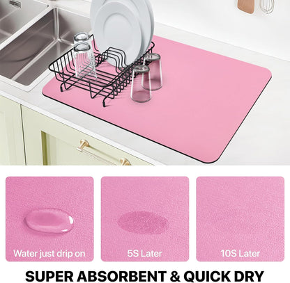 Coffee Mat Absorbent Dish Drying Mat for Kitchen Counter ,Match with Coffee Machine Drying Mats for Kitchen Counter, Hide Stain Nop-Slip Rubber Backed,12"x19",Pink
