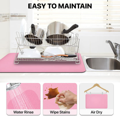 Coffee Mat Absorbent Dish Drying Mat for Kitchen Counter ,Match with Coffee Machine Drying Mats for Kitchen Counter, Hide Stain Nop-Slip Rubber Backed,12"x19",Pink