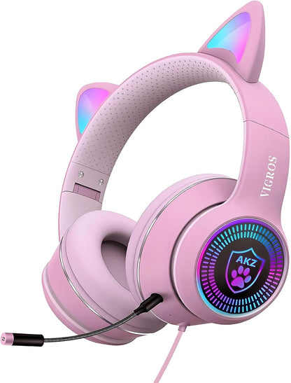 Cat Ear Gaming Headphones Wired AUX 3.5mm with LED Light, Flashing Stereo Game Headphones Surround Sound Over-Ear Headsets with Microphone Fit Kids & Adult for PC, PS4, Switch, Mobile, Laptop
