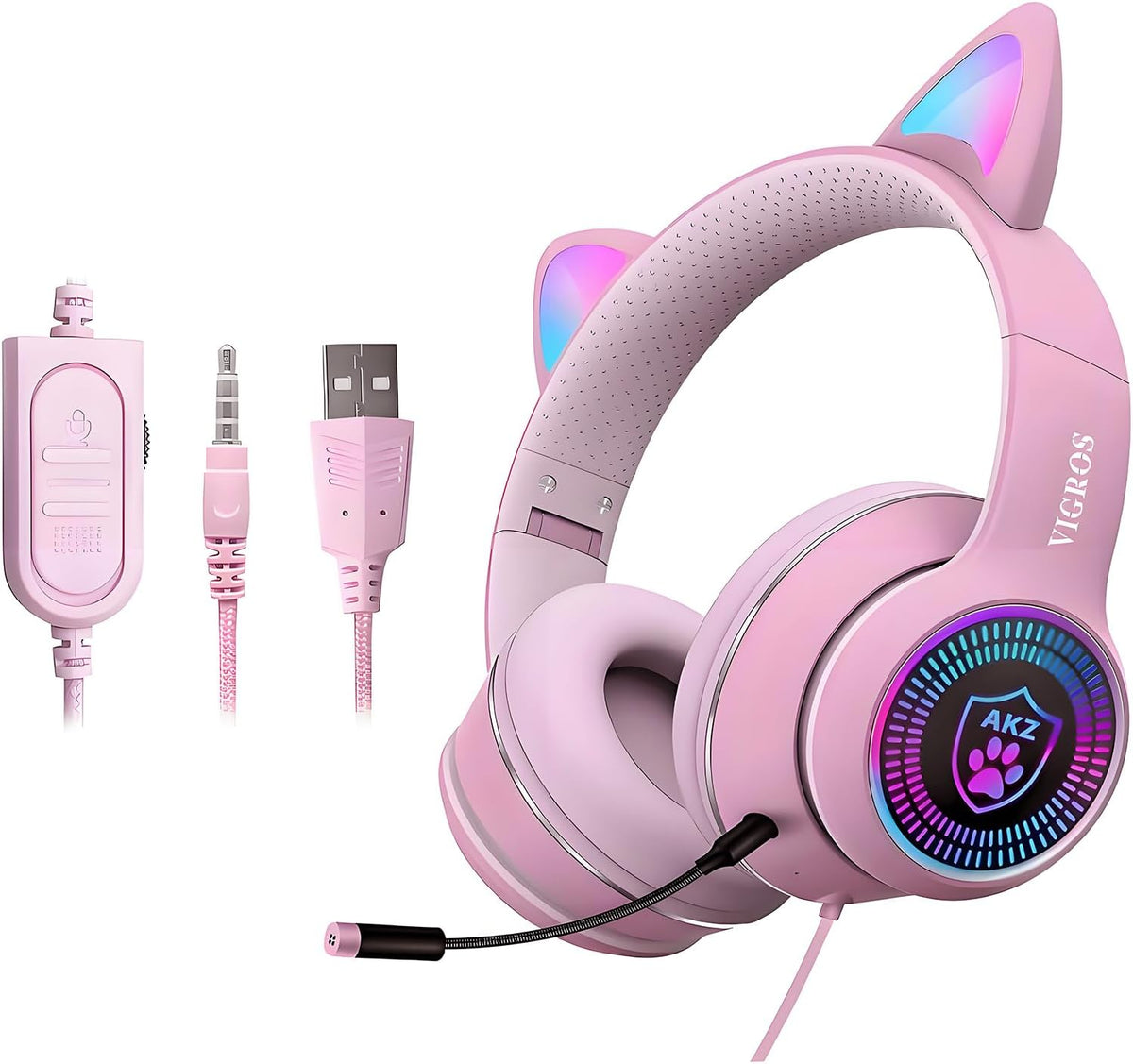 Cat Ear Gaming Headphones Wired AUX 3.5mm with LED Light, Flashing Stereo Game Headphones Surround Sound Over-Ear Headsets with Microphone Fit Kids & Adult for PC, PS4, Switch, Mobile, Laptop