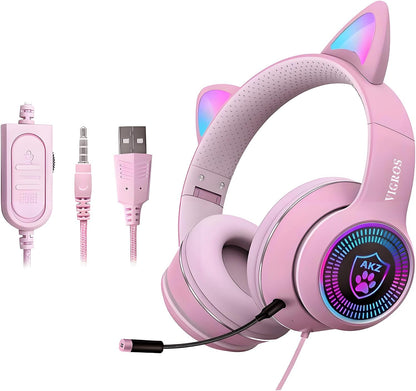 Cat Ear Gaming Headphones Wired AUX 3.5mm with LED Light, Flashing Stereo Game Headphones Surround Sound Over-Ear Headsets with Microphone Fit Kids & Adult for PC, PS4, Switch, Mobile, Laptop