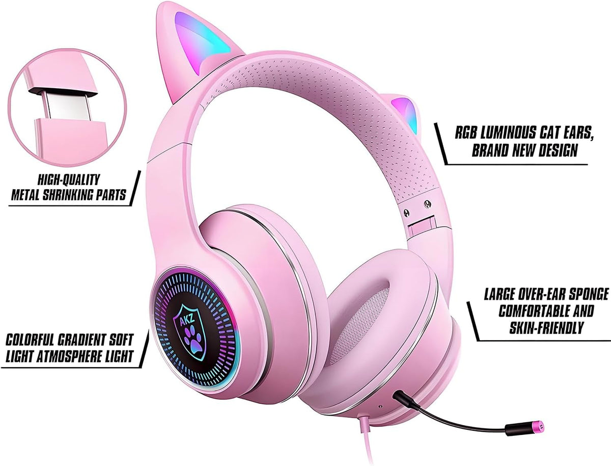 Cat Ear Gaming Headphones Wired AUX 3.5mm with LED Light, Flashing Stereo Game Headphones Surround Sound Over-Ear Headsets with Microphone Fit Kids & Adult for PC, PS4, Switch, Mobile, Laptop