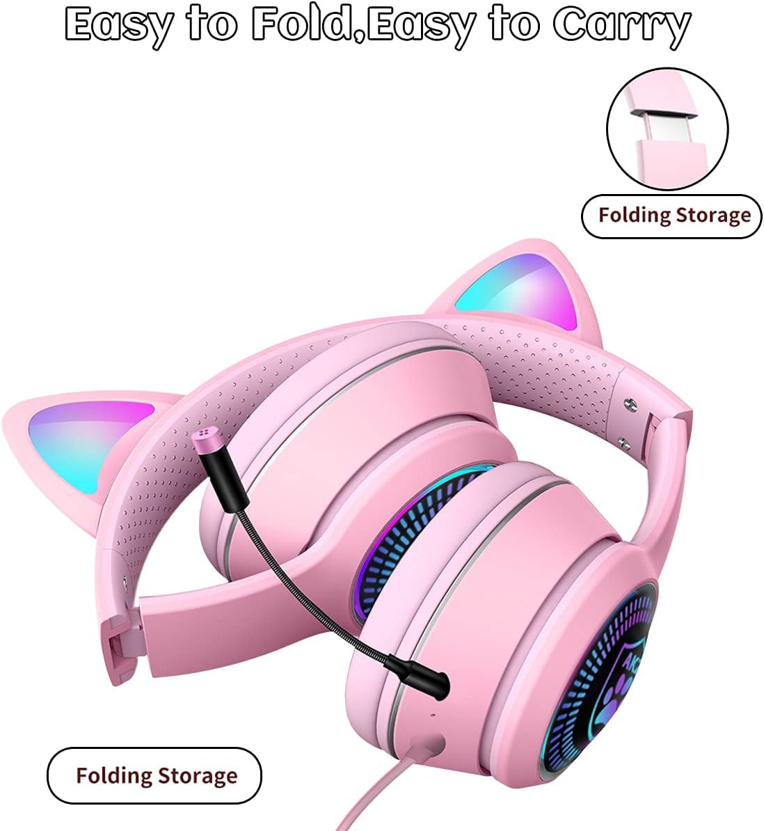 Cat Ear Gaming Headphones Wired AUX 3.5mm with LED Light, Flashing Stereo Game Headphones Surround Sound Over-Ear Headsets with Microphone Fit Kids & Adult for PC, PS4, Switch, Mobile, Laptop
