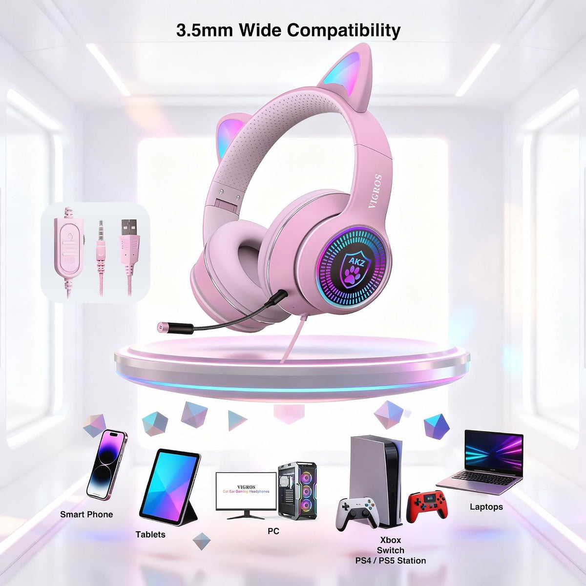 Cat Ear Gaming Headphones Wired AUX 3.5mm with LED Light, Flashing Stereo Game Headphones Surround Sound Over-Ear Headsets with Microphone Fit Kids & Adult for PC, PS4, Switch, Mobile, Laptop